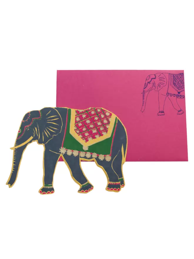 Grey elephant with the pink envelope that shows a drawing of the elephant in the corner