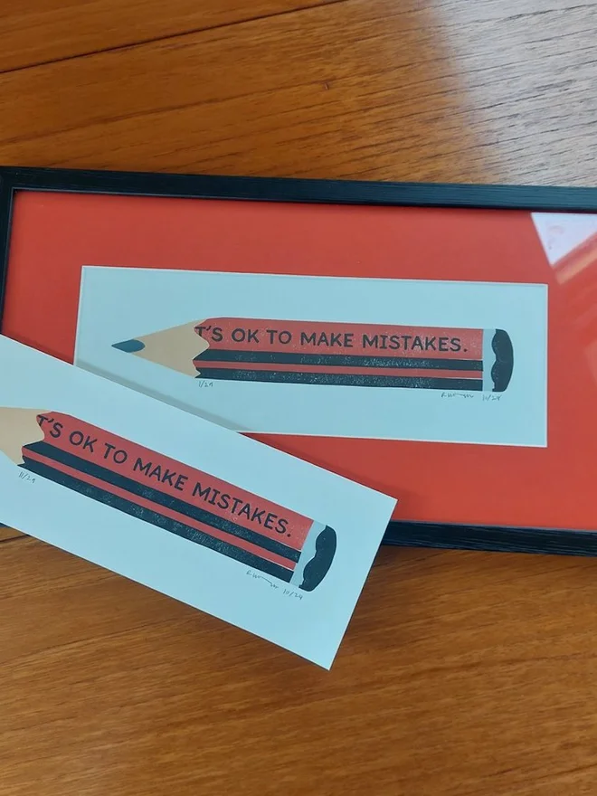 'Its Ok To Make Mistakes' Red Pencil Linocut 