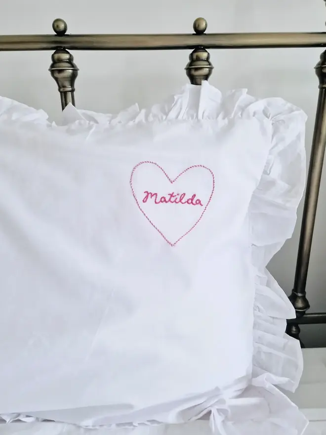 hand embroidered name heart pillowcase