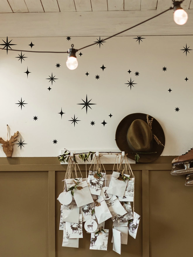 twinkly stars wall sticker set in black on a white wall