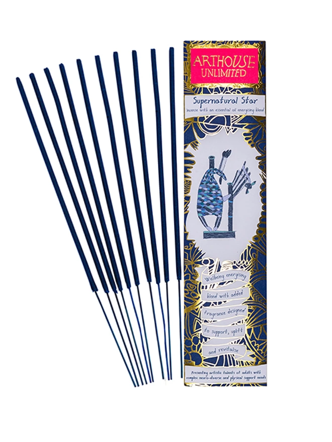 pack of 10 supernatural star well being charity incense sticks with blue & gold illustrations