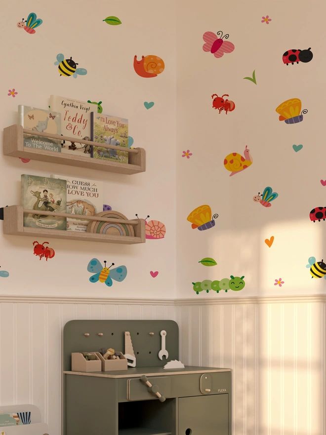 Colorful mini bug wall stickers featuring butterflies, ladybugs, bees, and other insects, perfect for decorating kids' rooms, nurseries, and playrooms.