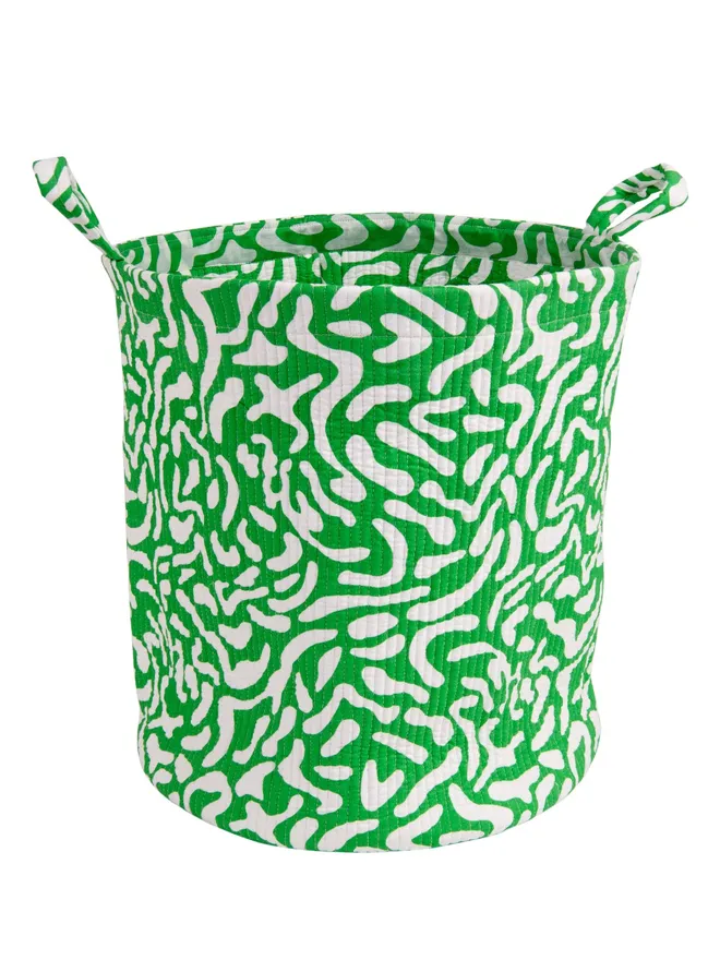 Green Golf Course Quilted Storage Basket, a green pattern basket sitting against a white backdrop.