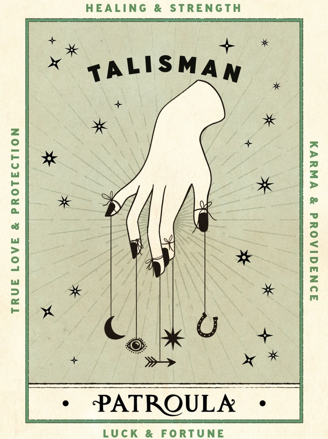 Pale green postcard with the word talisman and an illustration of a hand with lucky charms hanging from the fingers