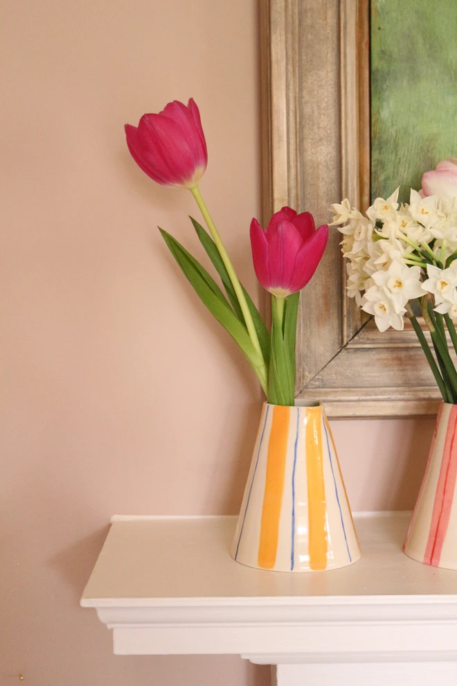 stripey yellow vase or jug with tulips for Mothers Day