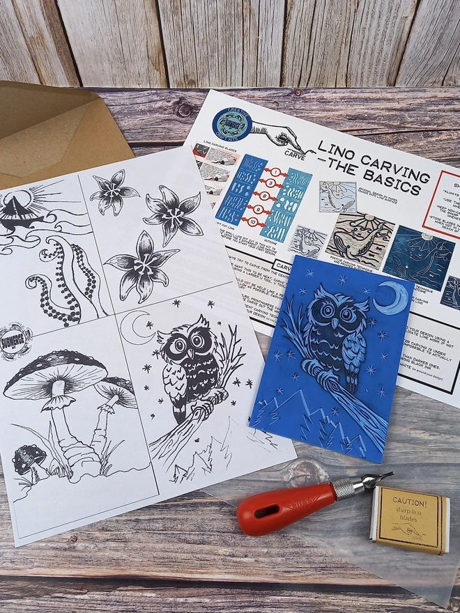Essentials Lino Printing Craft Kit, illustrations and carving equipment unpacked on a table. 
