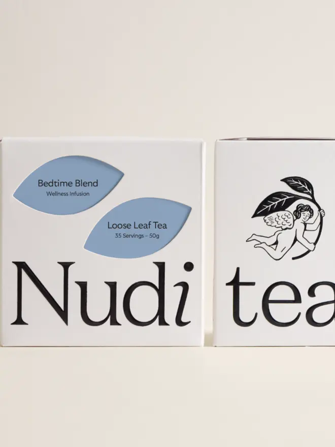 white box of bedtime blend tea with blue leaf design