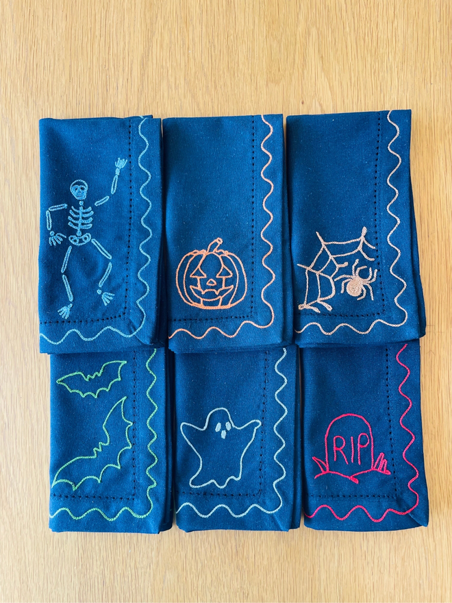 set of 6 dark blue hand embroidered halloween napkins