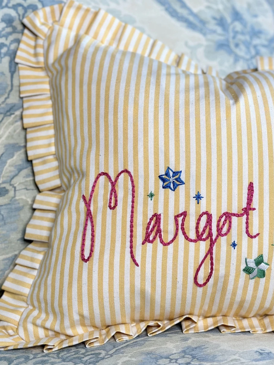 Yellow Candy Stripe Cushion With Frill