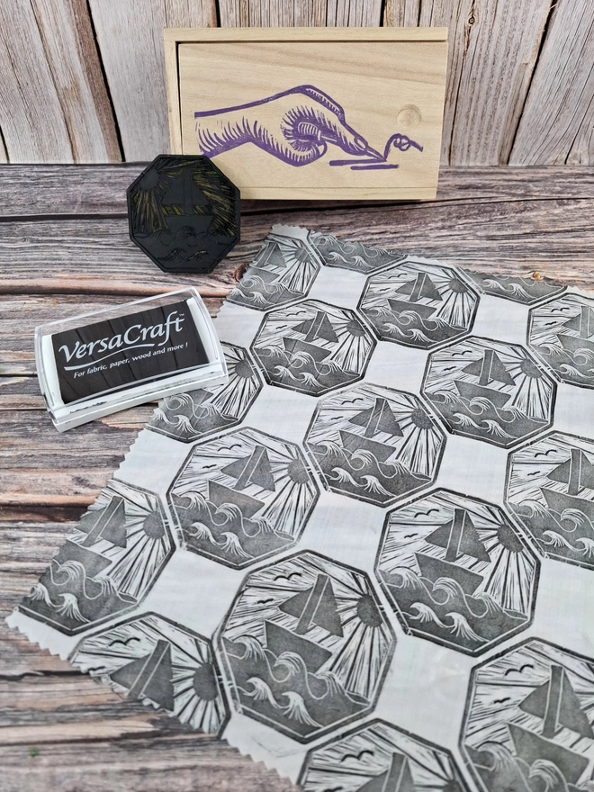 Lino carving and printing on fabric kit using versacraft ink stamp pads