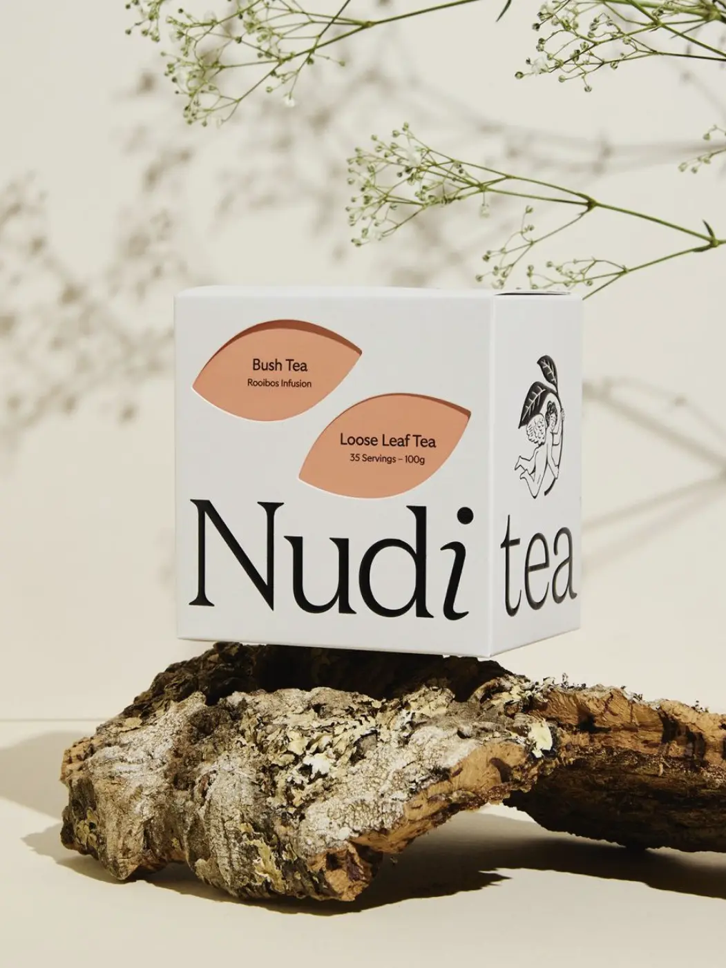 white box of rooibos tea with coral leaf design