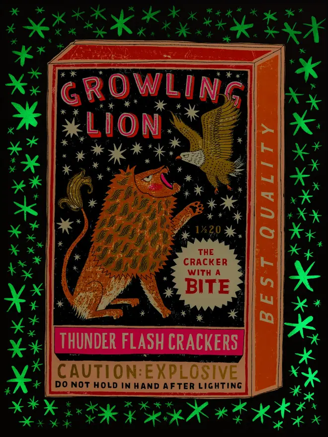 Lion And Eagle Firecracker Box Screenprint Late Night Bite, a colourful firecracker box design on a pale screenprint. The glow in the dark design can be seen too. 