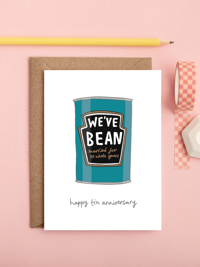 Funny tenth wedding anniversary card featuring a tin of baked beans