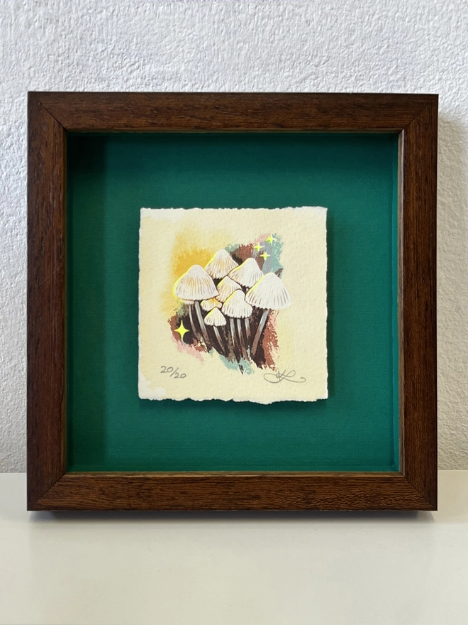 Miniature Artwork screenprint by London based artist Kath Leone framed in dark wood with emerald mount