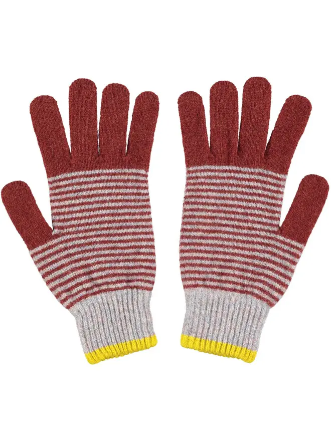 Block Lambswool Gloves, a pair of colourful gloves sitting on a plain white surface. 