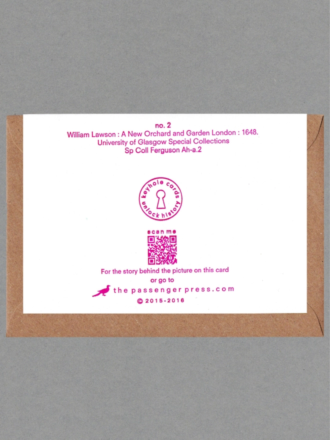 Back face of a white card on a brown envelope. Printed pink text, logo and QR code.