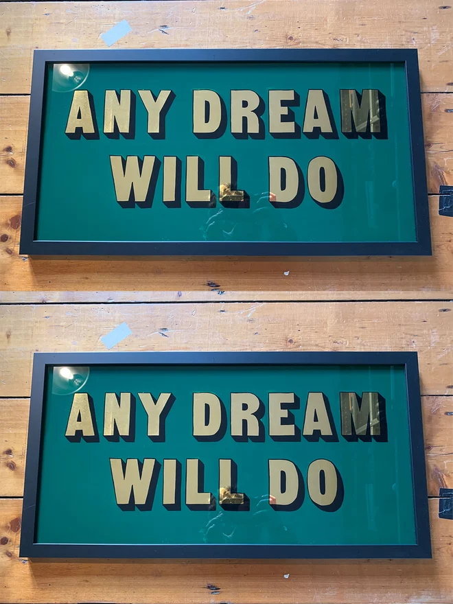 Two horizontal images of Any Dream Will Do rectangle shape. Dark green background with black frame