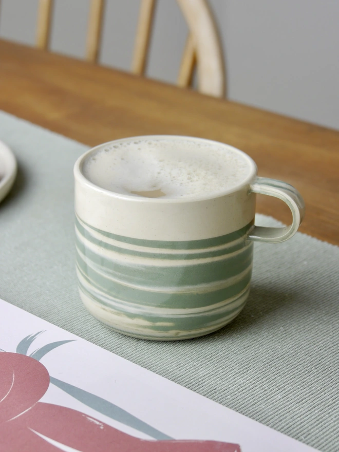 Large handmade green and white marble mug