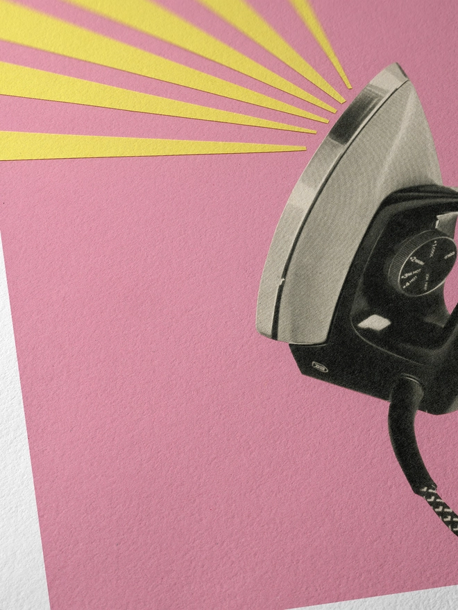  A print depicting a vintage iron against a pink background,