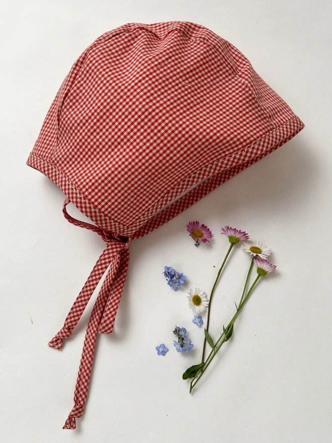 Red Gingham Organic Cotton Baby Bonnet