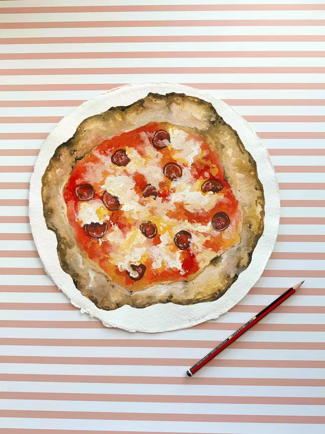 Pepperoni pizza original gouache painting held against a striped background