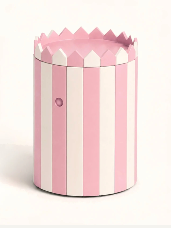 Striped Barrel Table & Large Tray Set. A barrel table and tray set in powder pink