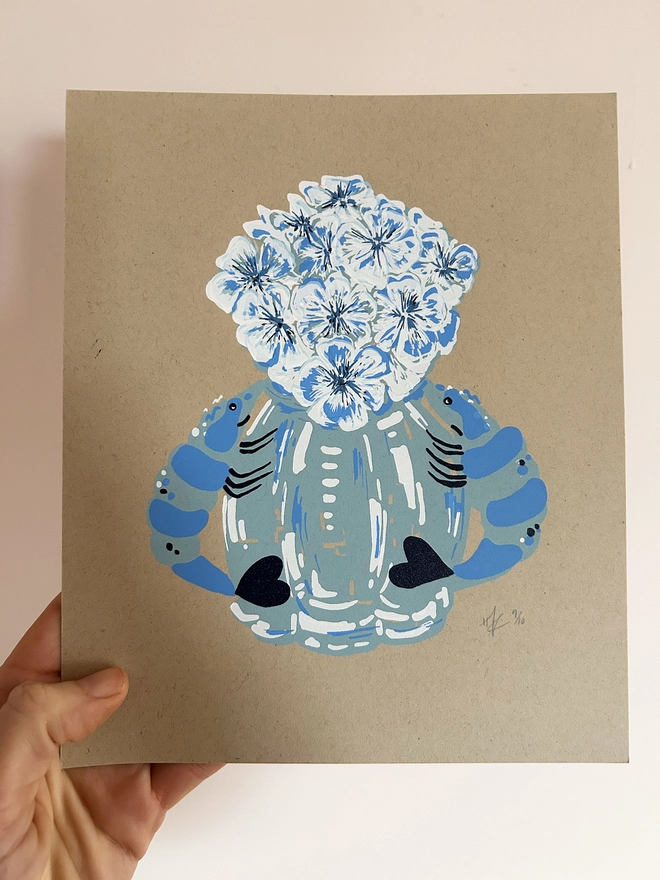 Screen Print, Hannah Carvell, Prawn Vase of Flowers, Blue