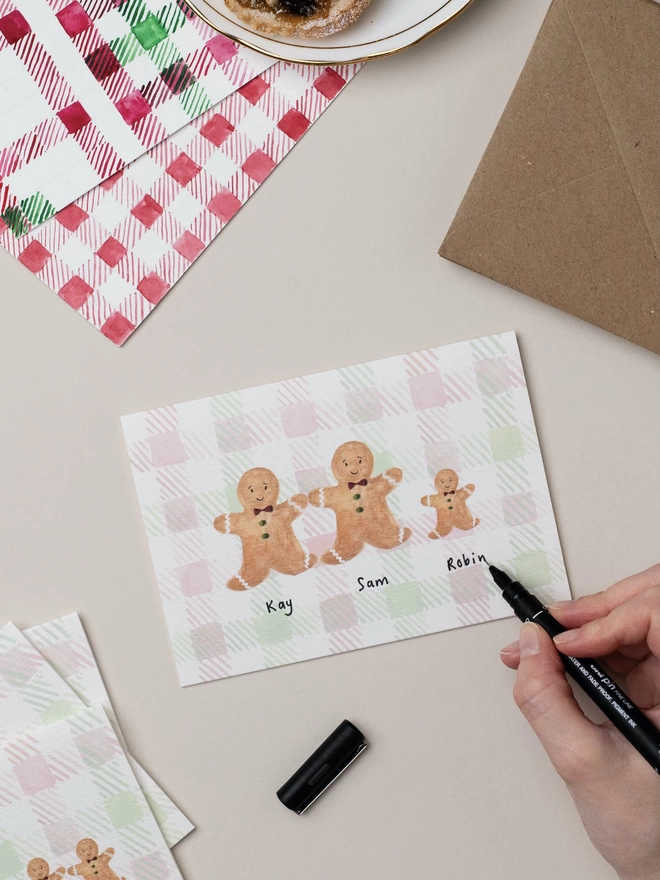 Hand written personalised Gingerbread Family of 3 Christmas Card