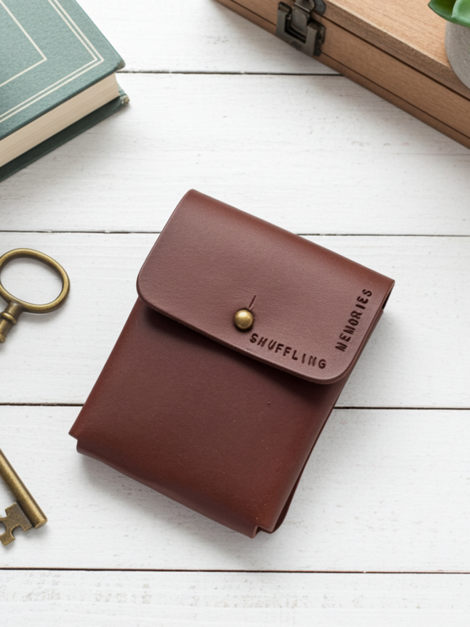 brown leather playing card holder, games night