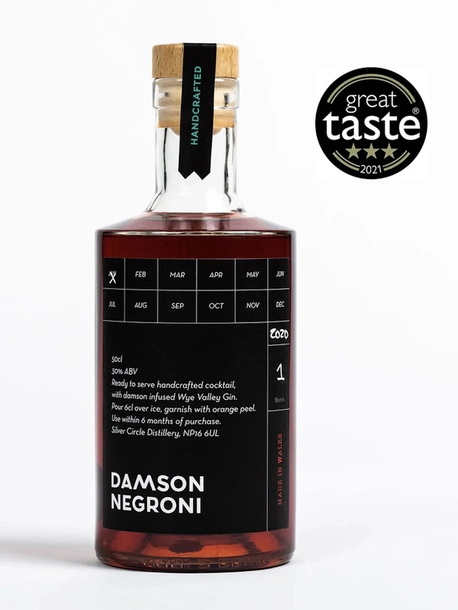 Damson Negroni, a bottle of negroni on a white surface. 