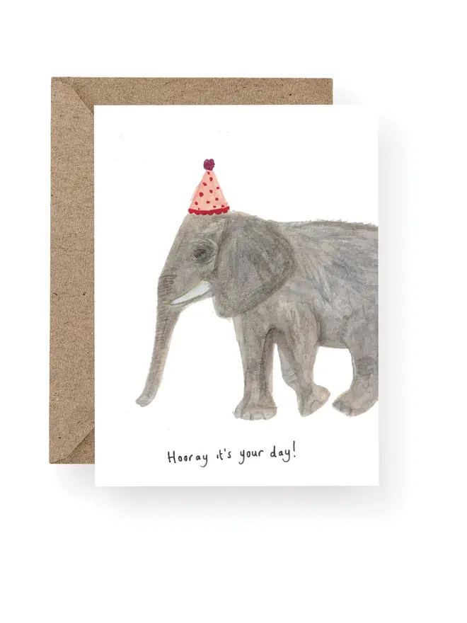 Elephant 'Hooray it's Your Day' birthday card blank inside 