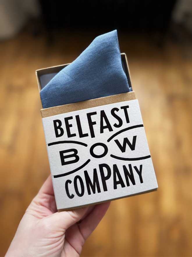 Irish Linen Pocket Square in Slate Blue handmade by the Belfast Bow Company