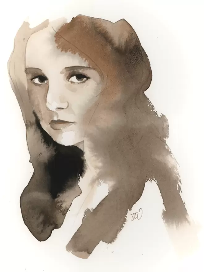 full image of this portrait - a woman looks at the viewer - painted in a swirling mix of brown and sepia ink tones