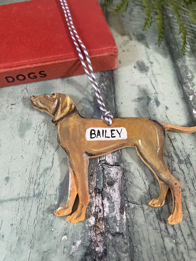 A Hungarian Vizsla Memory Decoration strung with grey and white twine
