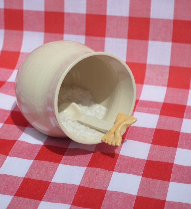 Alice Makes Pottery farfalle pasta salt pig with ceramic spoon side