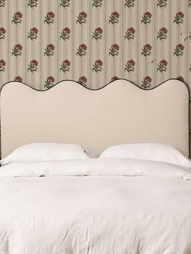 vintage dianthus illustrated wall paper. a cream striped wallpaper with illustrated dianthus flowers.