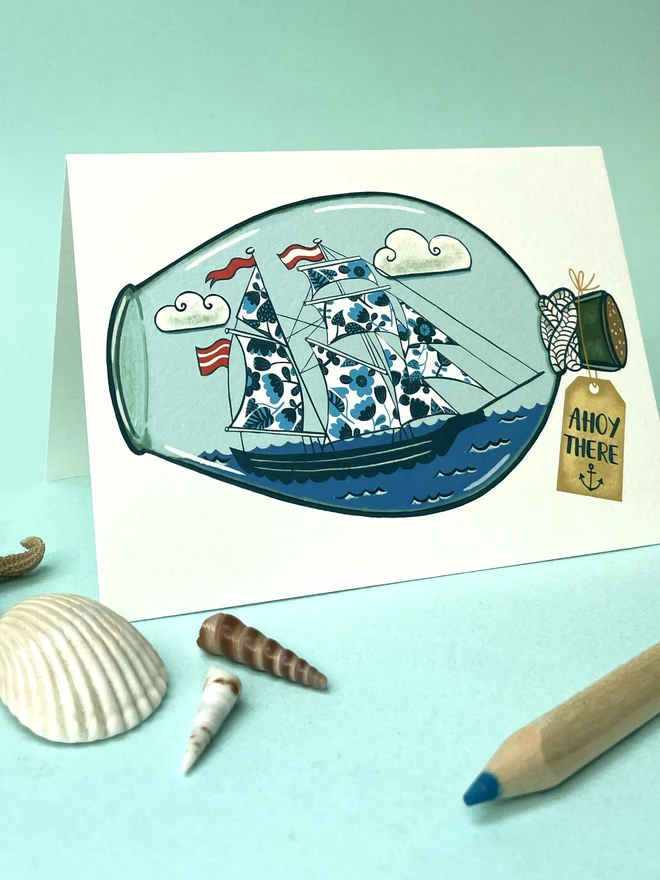 Ahoy There! Ship in a Bottle Greetings Card
