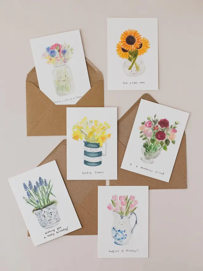 Set of 6 Flower themed Greeting Cards 