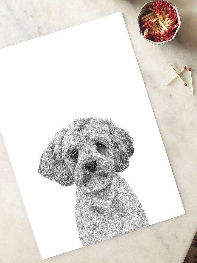 Art print of hand drawn fluffy puppy dog laying on a table