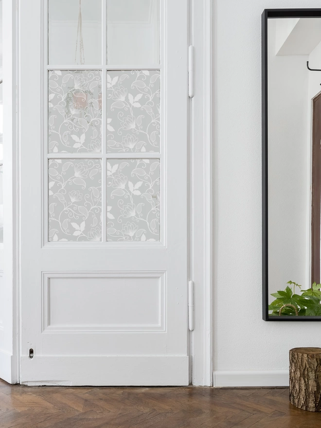 interior doors with frosted window film with lotus flower design