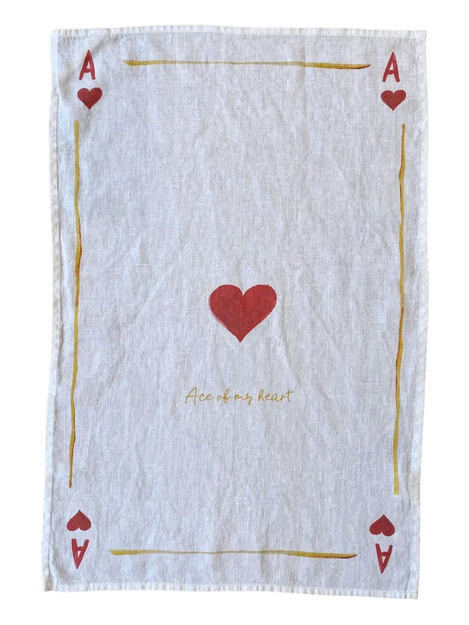 Linen teatowel with a playing card ace of hearts design