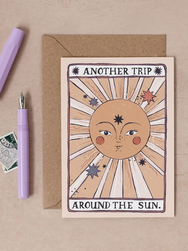 Tarot Sun Birthday Card by Sister Paper Co with a kraft envelope
