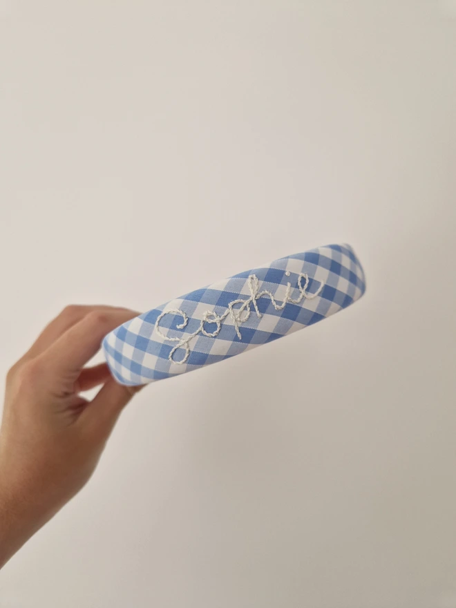 blue gingham personalised headband