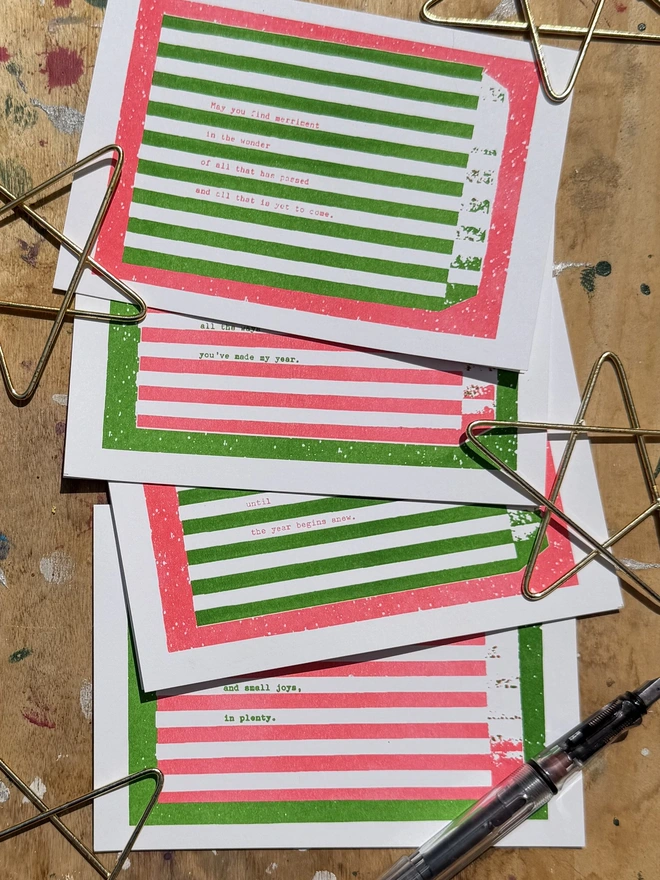green and red risograph christmas art cards 