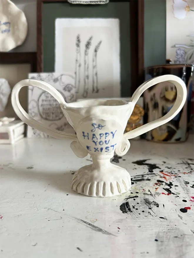 So happy you exist mini ceramic trophy in blue