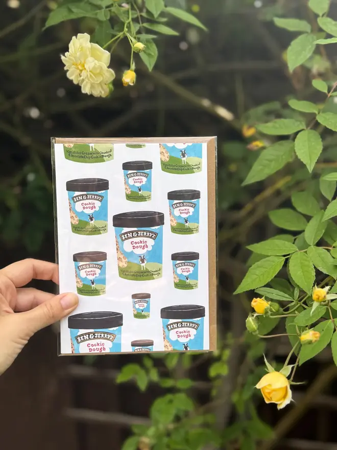 cookie dough ice cream illustrated card. card photographed against plain white background.