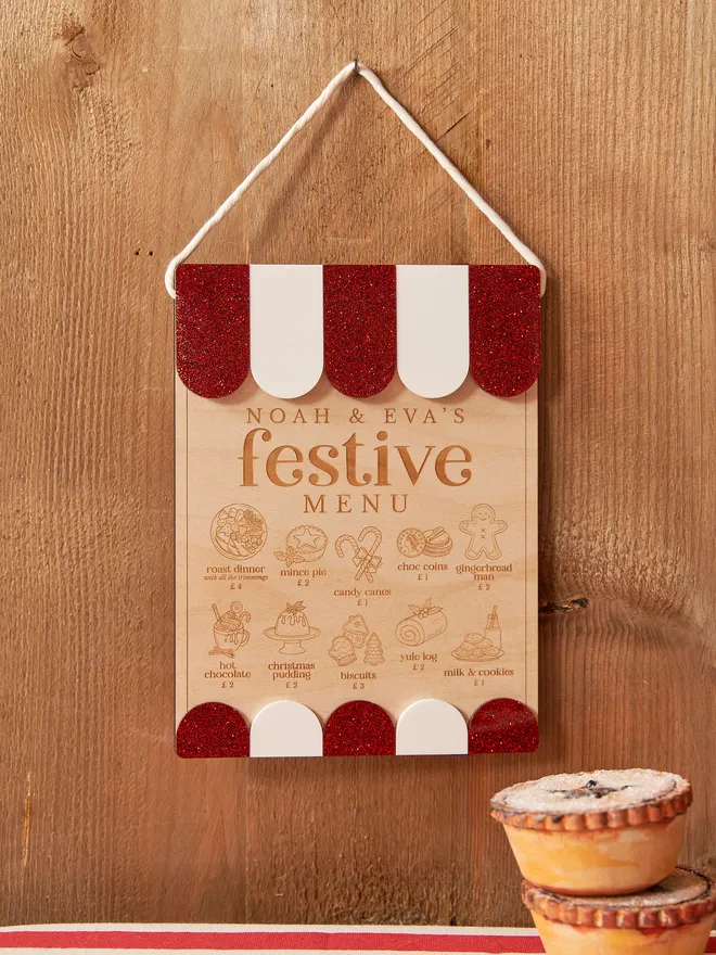 Personalised Wooden Christmas Play Menu. A Christmas menu in red glitter.