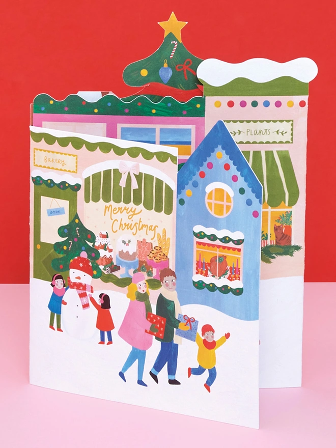 Joyful Fold-out Festive Town Luxury Christmas Card | Raspberry Blossom 