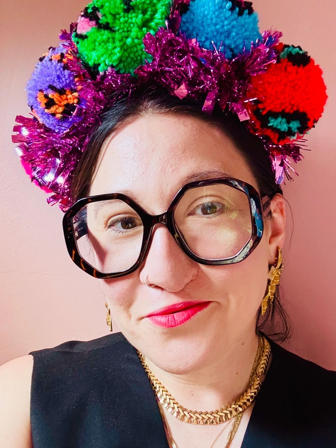 Leopard print Pom Pom festival headband festival Pom Pom tinsel headband bright headband rainbow headband pink tinsel 