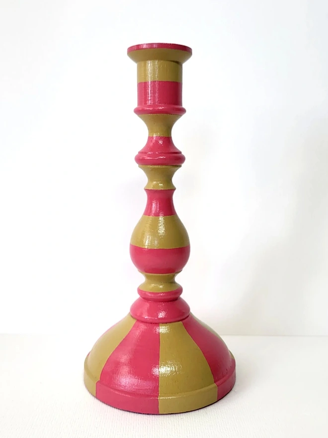 wooden candle stick holder, hand painted in pink and mustard yellow stripes